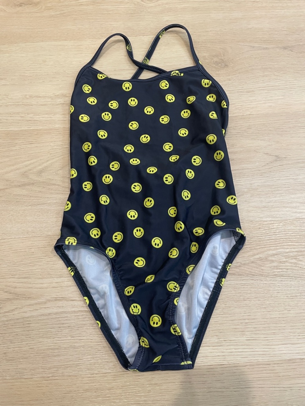 Kids Black Smiley One-Piece Swimsuit - Yellow Smiley Print
